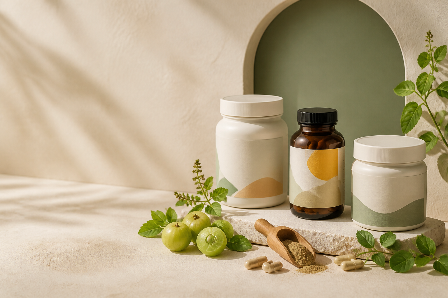 Supplement jars with amla and tulsi leaves